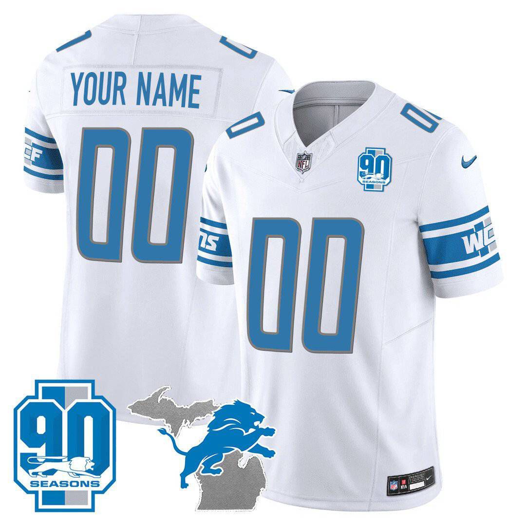 Men Detroit Lions White 2024 Nike 90th Year Michigan Patch Custom Vapor NFL Jersey